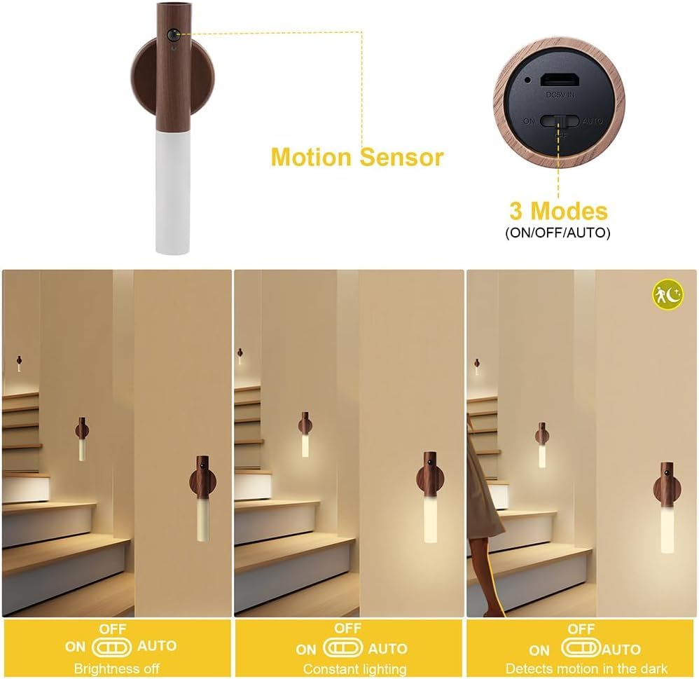 Aeonrix Glass & Wood Motion Sensor LED Night Light – Wireless Wall Light for Bedroom & Corridor