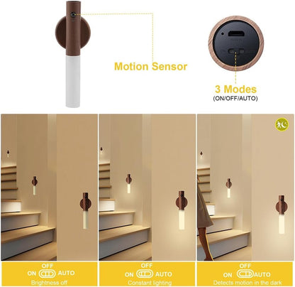 Aeonrix Glass & Wood Motion Sensor LED Night Light – Wireless Wall Light for Bedroom & Corridor