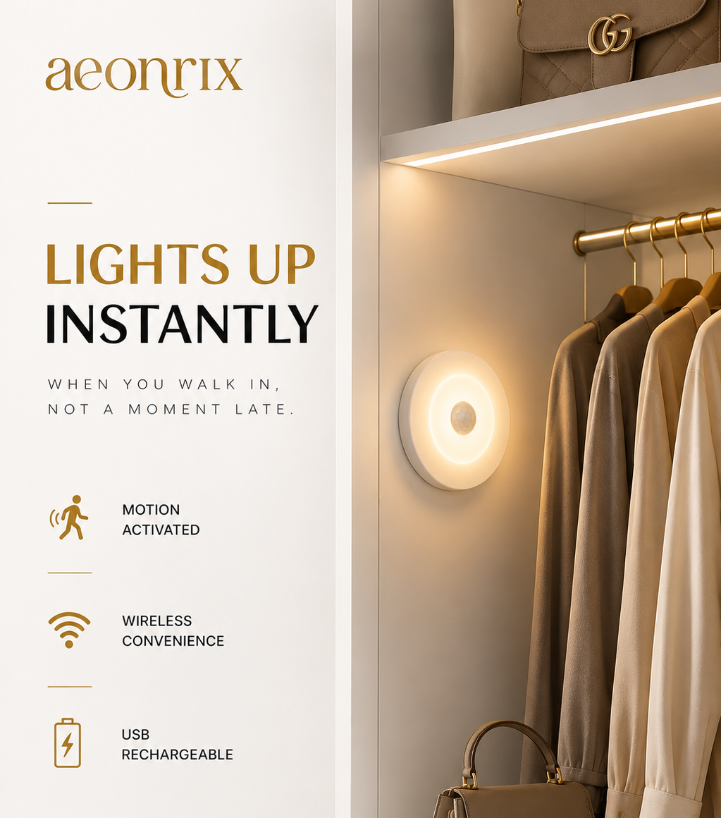 Aeonrix Wireless Motion Sensor LED Light – USB Rechargeable, Stick-On Night Light for Home