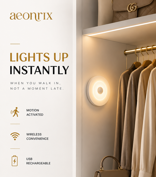Aeonrix Wireless Motion Sensor LED Light – USB Rechargeable, Stick-On Night Light for Home