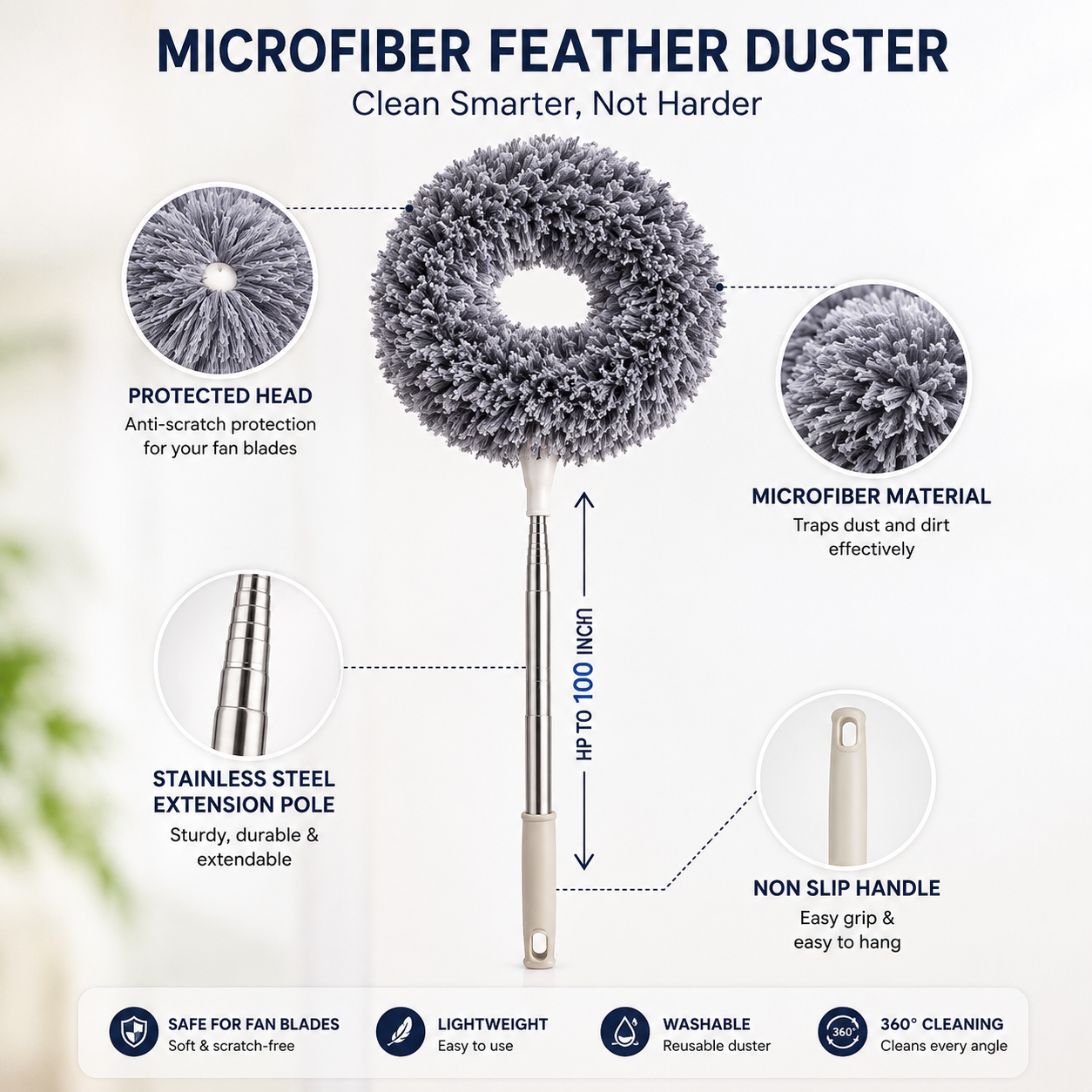 Aeonrix Easy Reach Fan & Ceiling Duster – Washable Microfibre Dust Remover with Extendable Handle