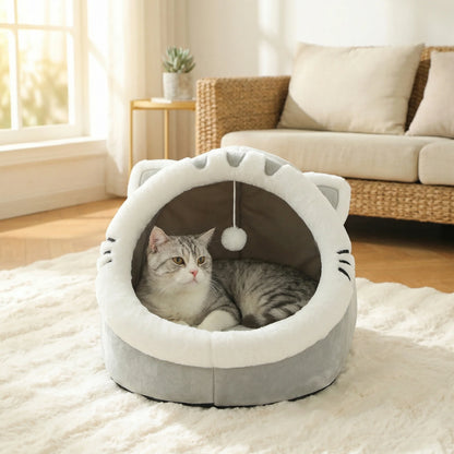 Cat Cave Bed with Pompom – Ultra-Soft, All-Season Pet Hideaway🐱