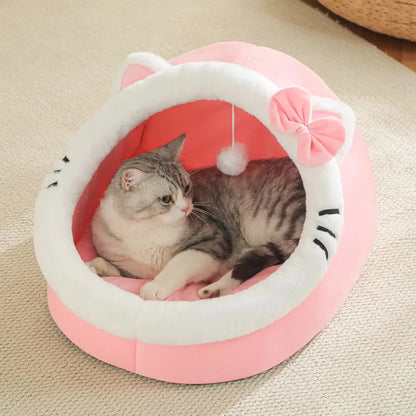 Cat Cave Bed with Pompom – Ultra-Soft, All-Season Pet Hideaway🐱
