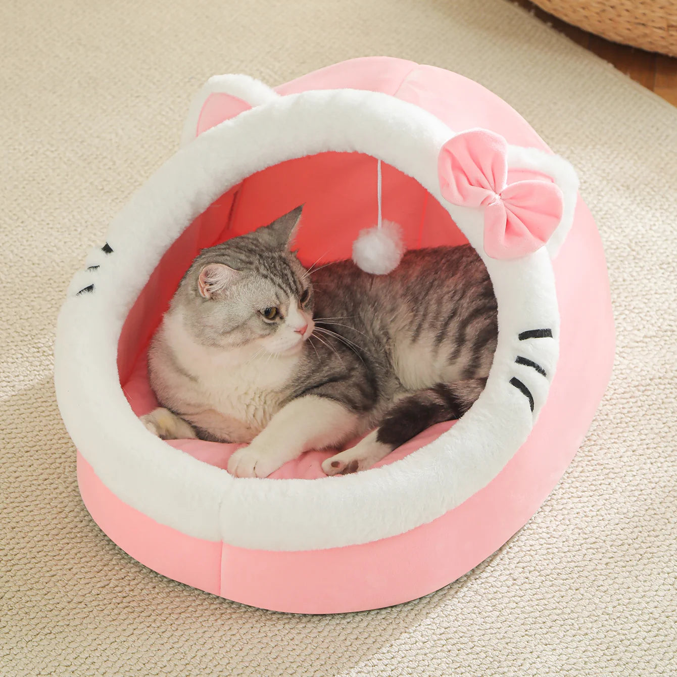 Cat Cave Bed with Pompom – Ultra-Soft, All-Season Pet Hideaway🐱