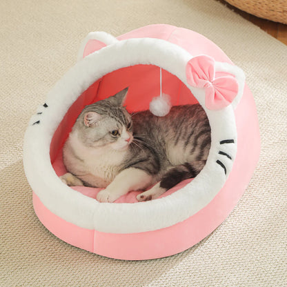 Cat Cave Bed with Pompom – Ultra-Soft, All-Season Pet Hideaway🐱