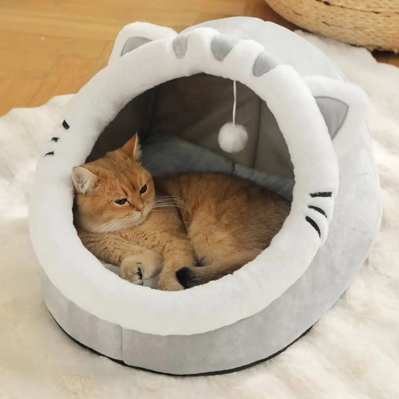 Cat Cave Bed with Pompom – Ultra-Soft, All-Season Pet Hideaway🐱