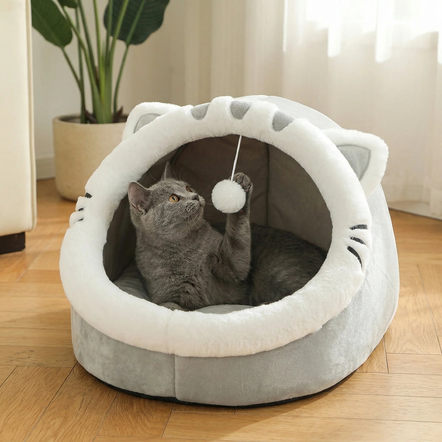 Cat Cave Bed with Pompom – Ultra-Soft, All-Season Pet Hideaway🐱