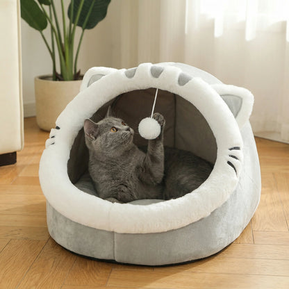 Cat Cave Bed with Pompom – Ultra-Soft, All-Season Pet Hideaway🐱