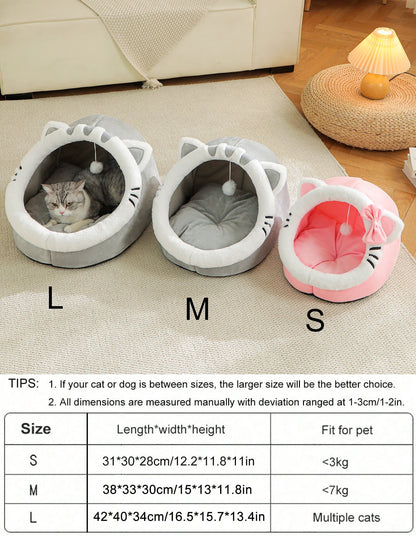 Cat Cave Bed with Pompom – Ultra-Soft, All-Season Pet Hideaway🐱