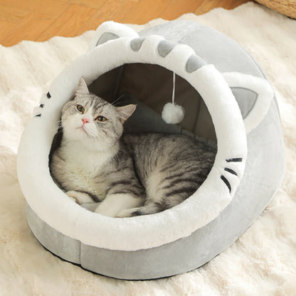Cat Cave Bed with Pompom – Ultra-Soft, All-Season Pet Hideaway🐱