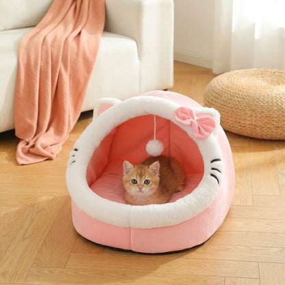 Cat Cave Bed with Pompom – Ultra-Soft, All-Season Pet Hideaway🐱