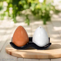 Egg-shaped ceramic salt pepper shaker set with holder